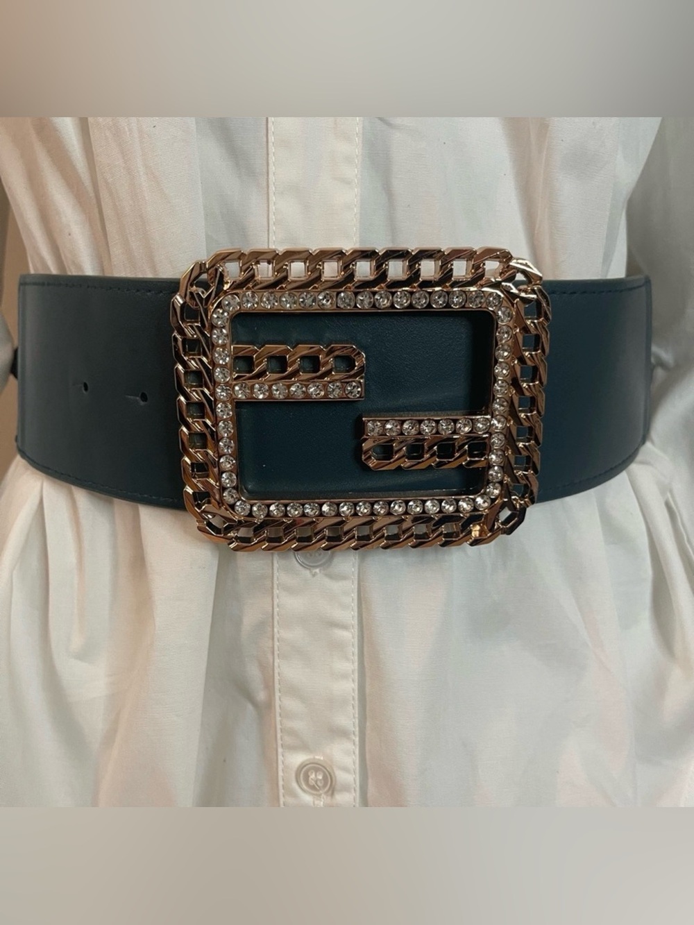 Teal PU leather chunky square buckle elastic waistband belt